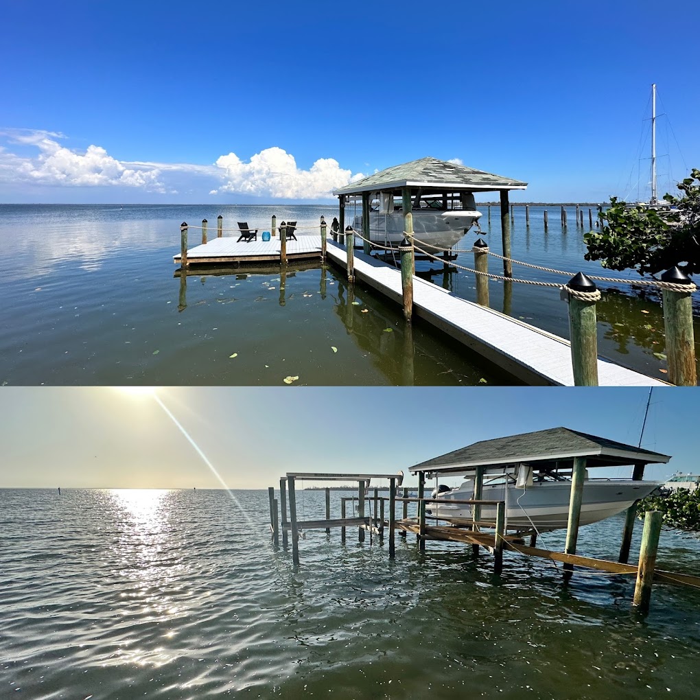 Before and after photo of decking replacement on existing dock with lift
